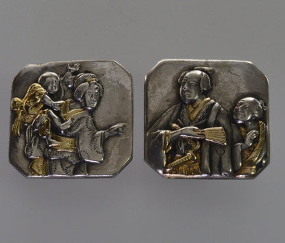 Antique Japanese Shakudo Mixed Metal Cufflinks Samurai Figural Meiji C.1880