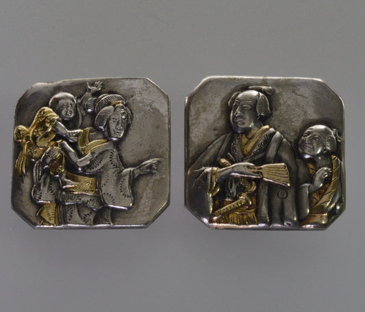 Antique Japanese Shakudo Mixed Metal Cufflinks Samurai Figural Meiji C.1880