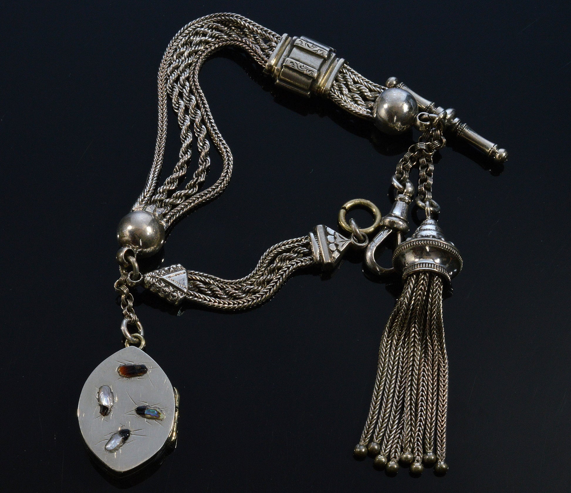 Antique Victorian Shibayama Insect Sterling Locket Tassel Chain Bracelet C.1890