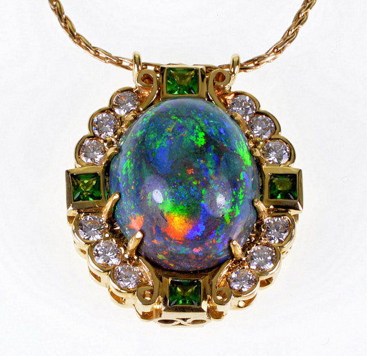 Estate 18K Gold Black Opal Diamond Tsavorite Pendant 14K Chain Necklace