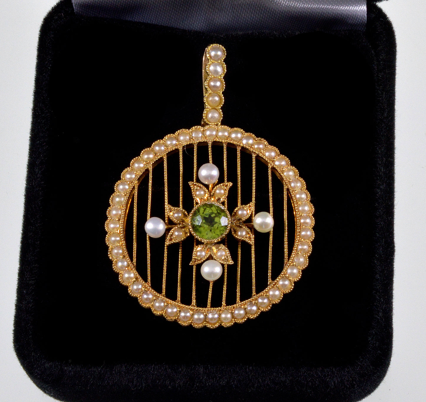 Antique Edwardian 15K Gold Pearl Peridot Pendant C.1900