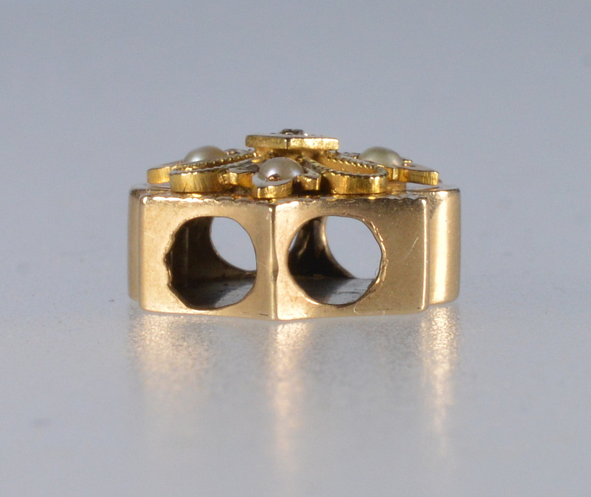 Antique Victorian 14K Gold Diamond Pearl Large Slide For Necklace C.1890