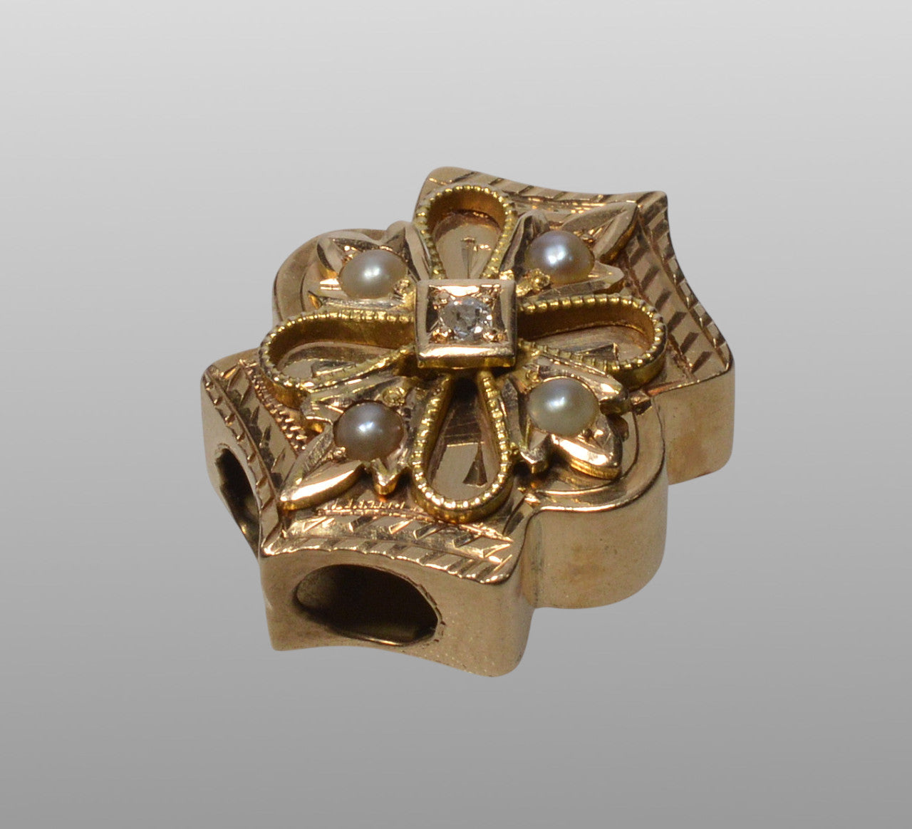 Antique Victorian 14K Gold Diamond Pearl Large Slide For Necklace C.1890