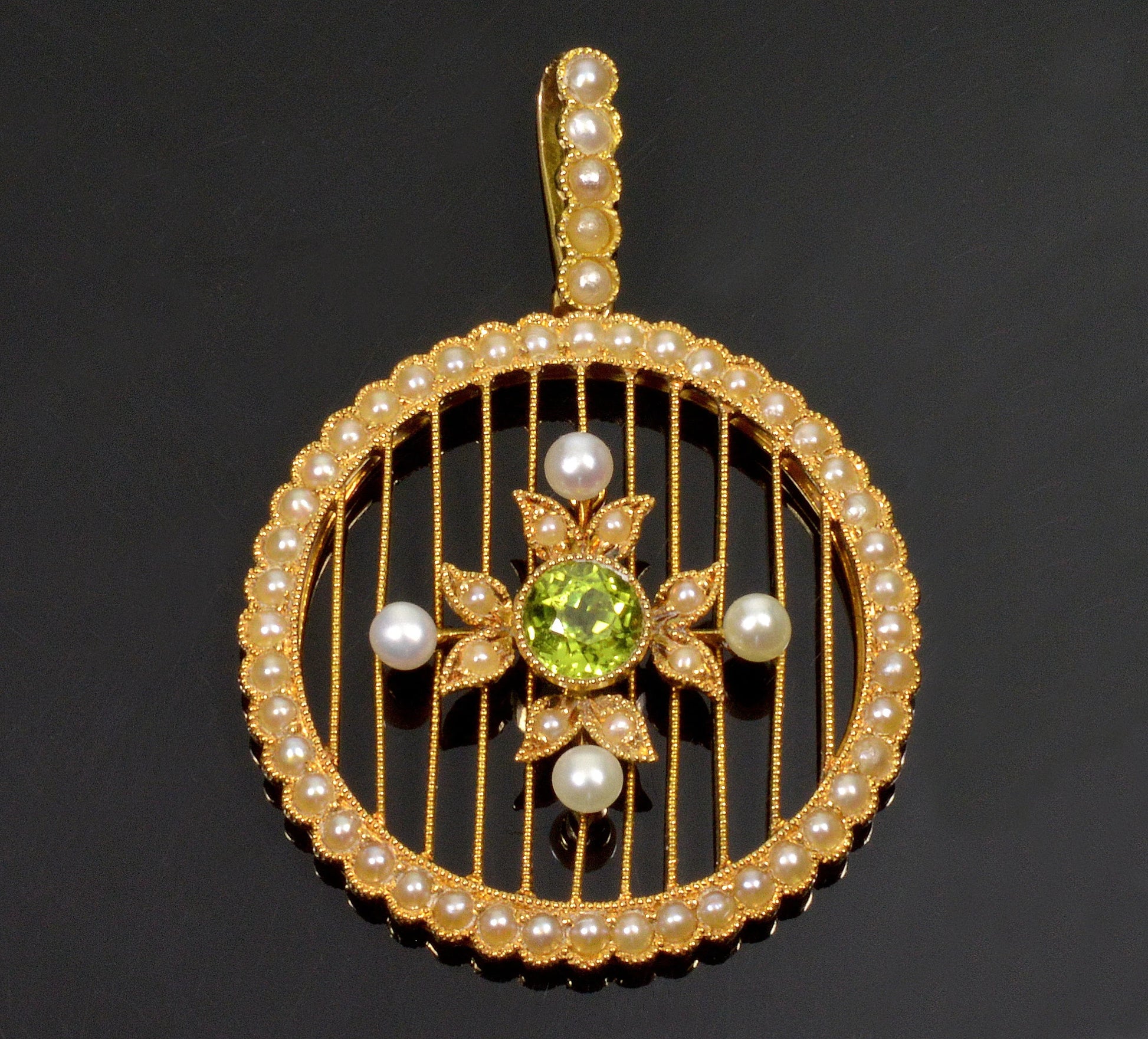 Antique Edwardian 15K Gold Pearl Peridot Pendant C.1900