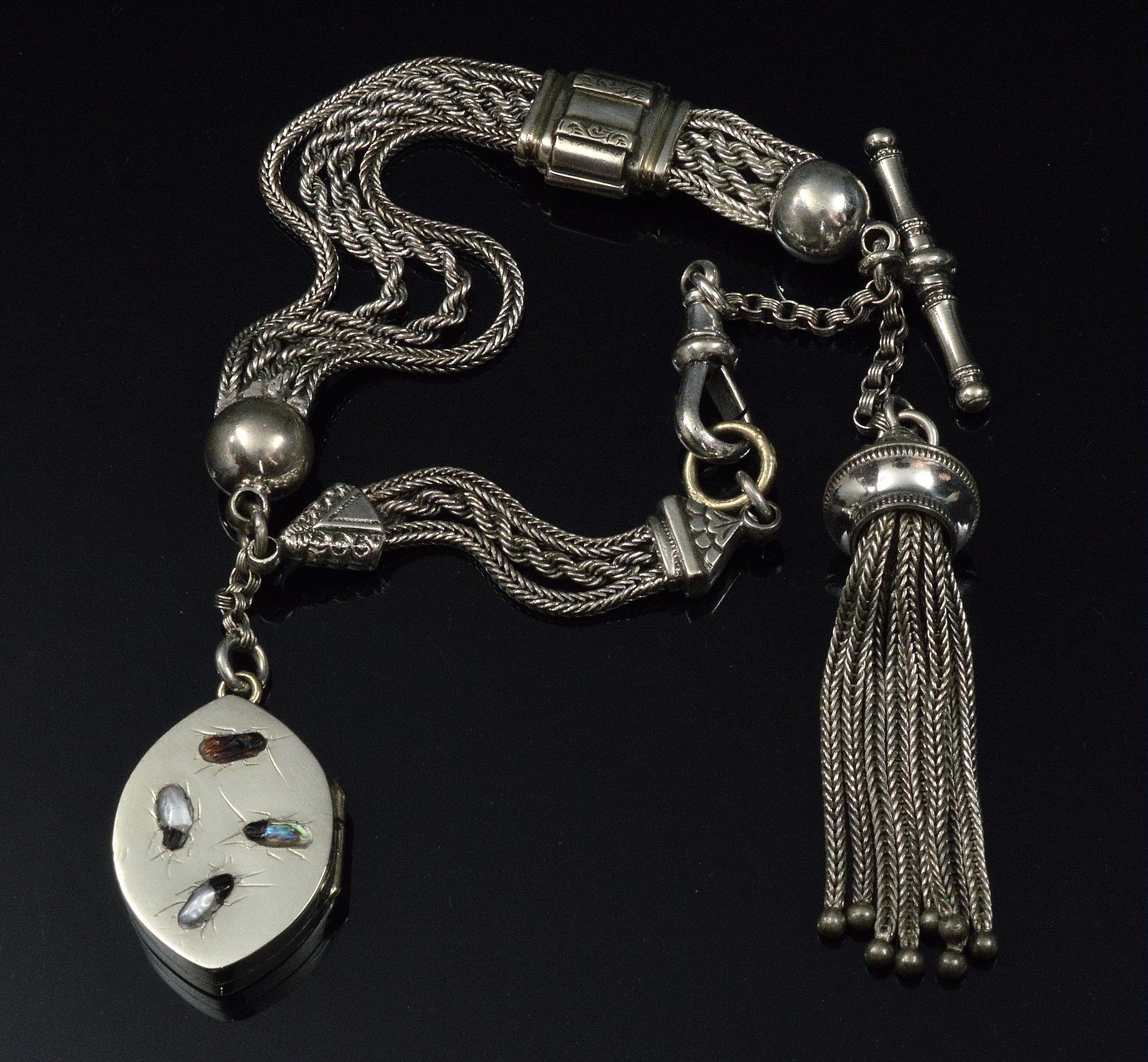 Antique Victorian Shibayama Insect Sterling Locket Tassel Chain Bracelet C.1890