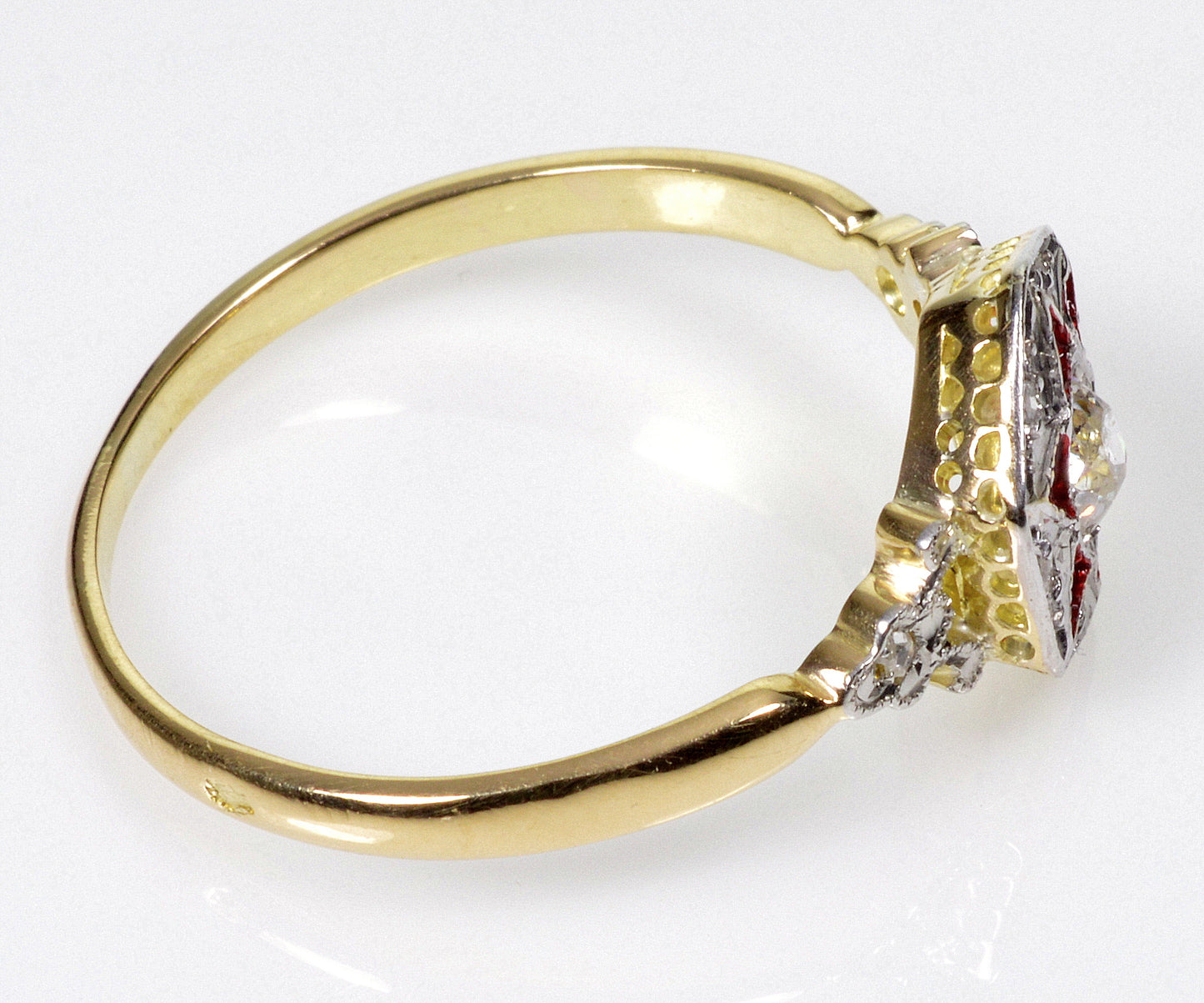 Art Deco French 18K Gold Ring Diamond Plique-à-jour Enamel Size 8 1/2 C.1920