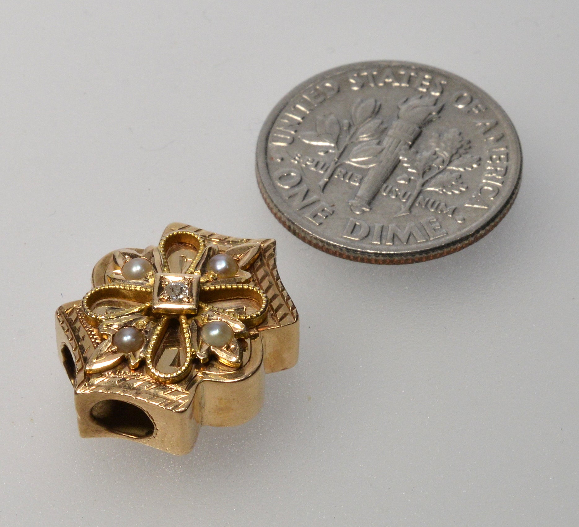 Antique Victorian 14K Gold Diamond Pearl Large Slide For Necklace C.1890