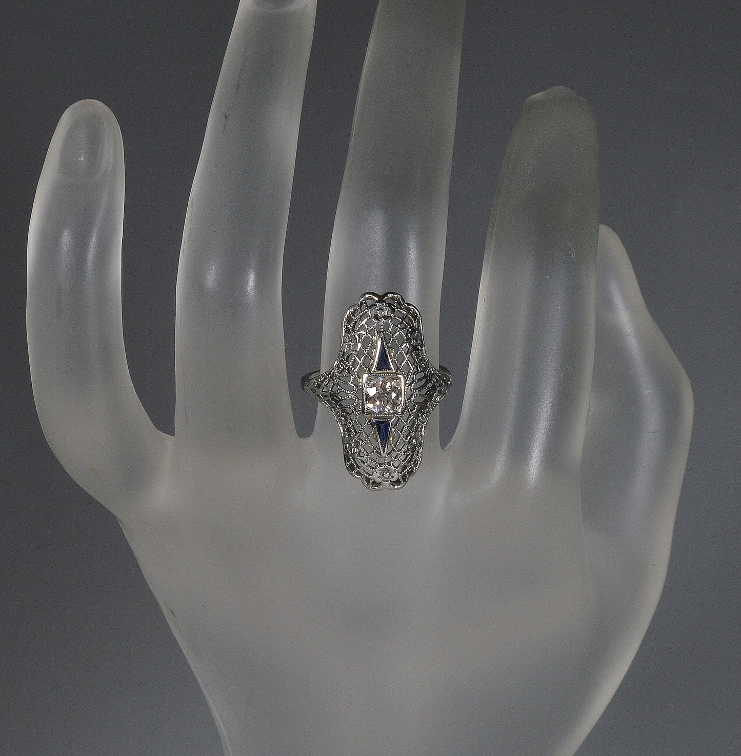 Art Deco 18K White Gold Diamond Sapphire Ring Size 5 3/4