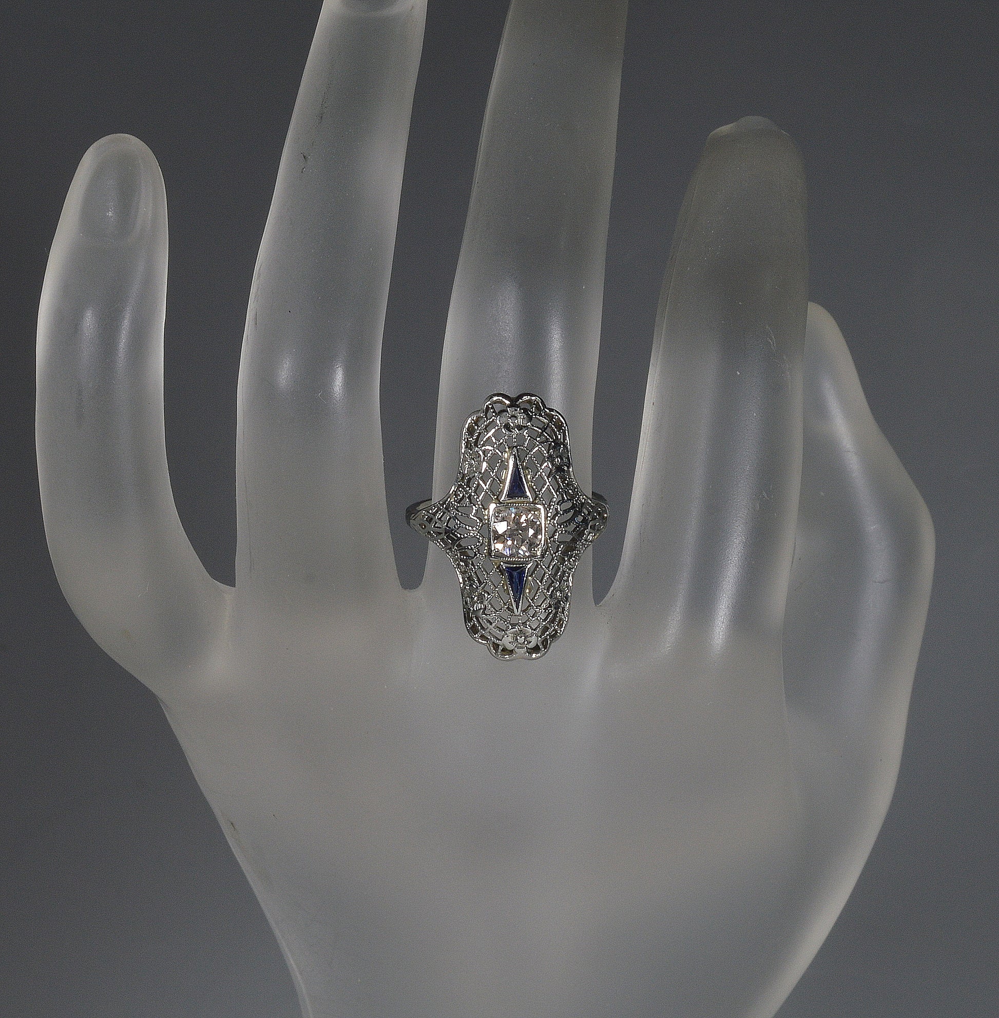 Art Deco 18K White Gold Diamond Sapphire Ring Size 5 3/4