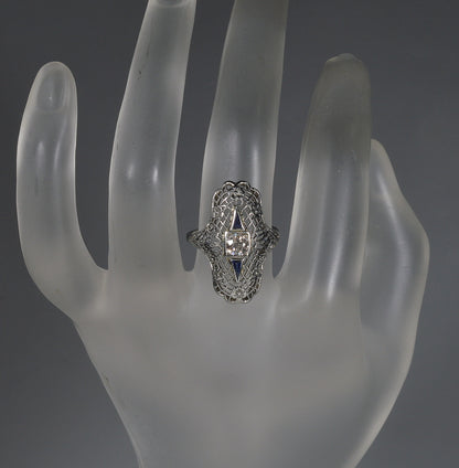 Art Deco 18K White Gold Diamond Sapphire Ring Size 5 3/4