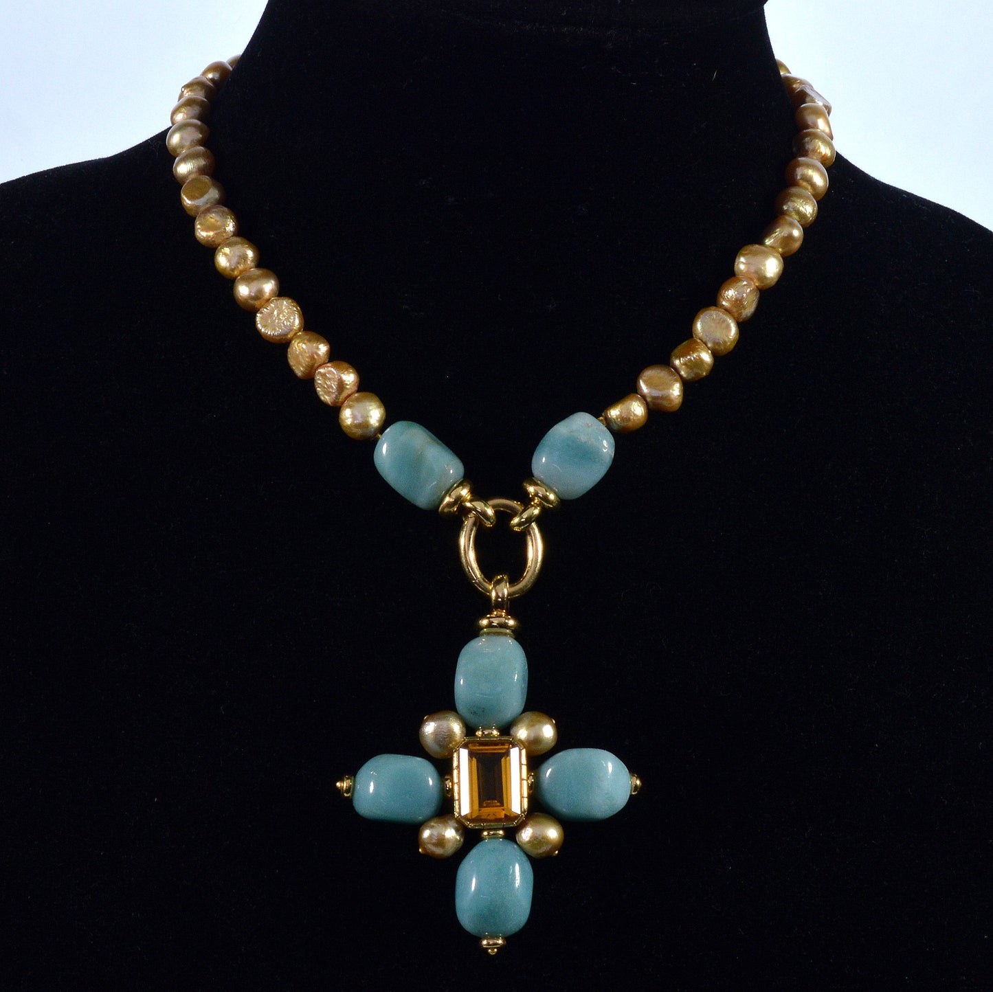 Italian 18K Gold Citrine Amazonite Pearl Cross Necklace