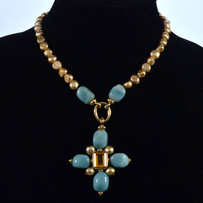 Italian 18K Gold Citrine Amazonite Pearl Cross Necklace