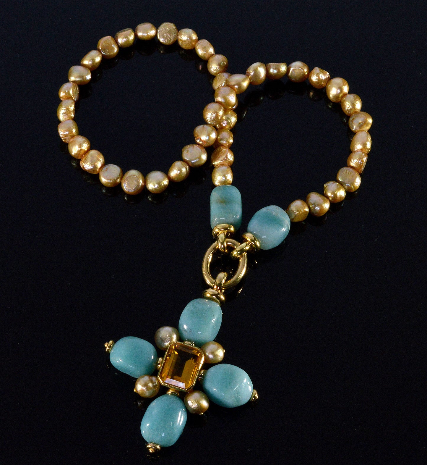 Italian 18K Gold Citrine Amazonite Pearl Cross Necklace
