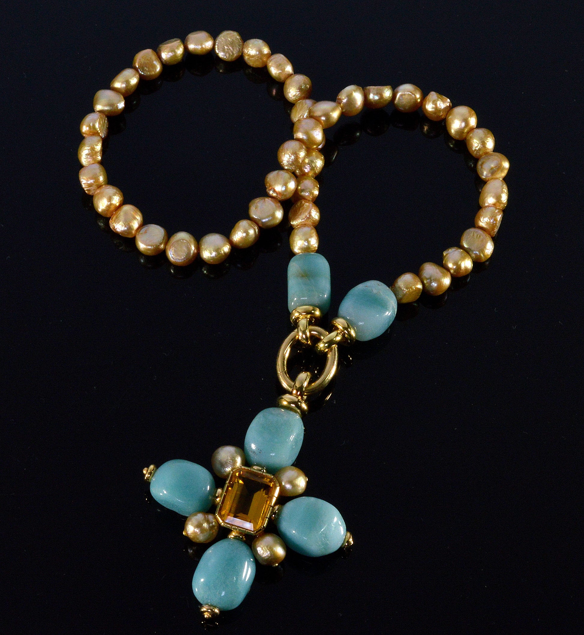 Italian 18K Gold Citrine Amazonite Pearl Cross Necklace