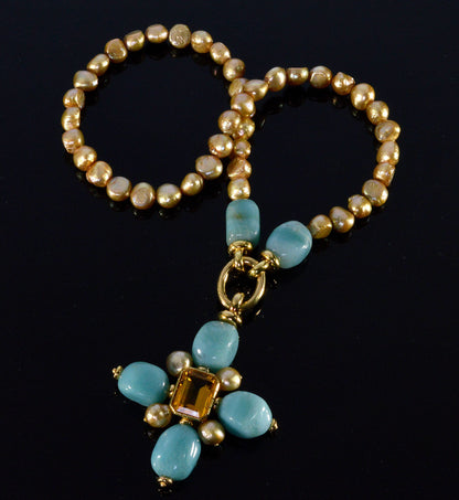 Italian 18K Gold Citrine Amazonite Pearl Cross Necklace