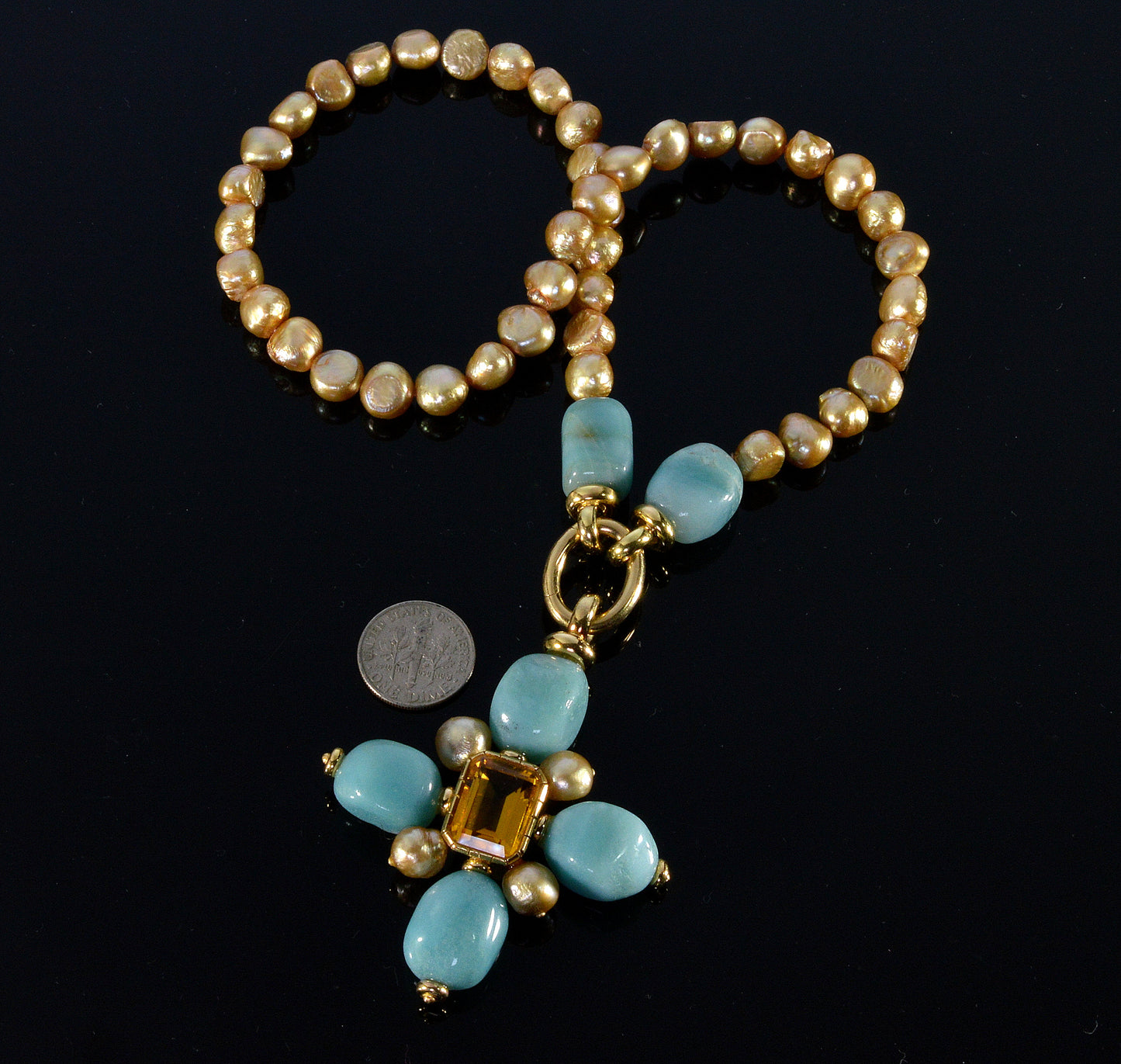 Italian 18K Gold Citrine Amazonite Pearl Cross Necklace