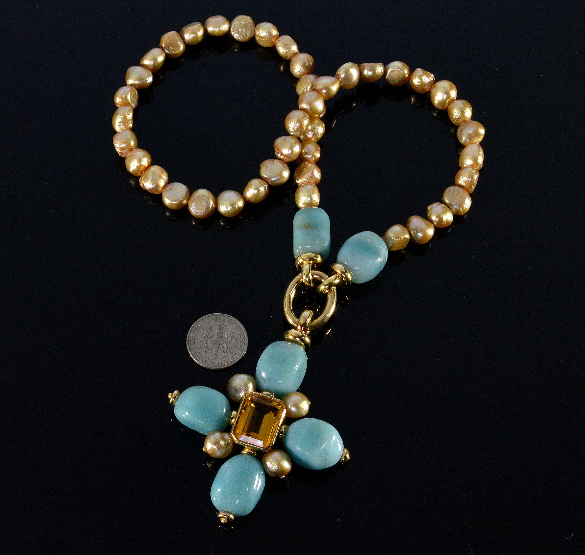 Italian 18K Gold Citrine Amazonite Pearl Cross Necklace