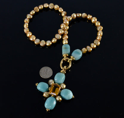 Italian 18K Gold Citrine Amazonite Pearl Cross Necklace
