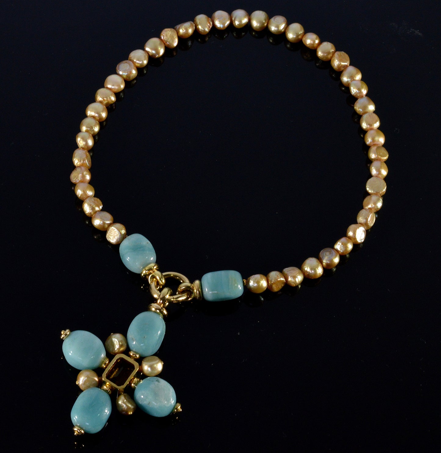 Italian 18K Gold Citrine Amazonite Pearl Cross Necklace