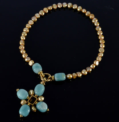 Italian 18K Gold Citrine Amazonite Pearl Cross Necklace