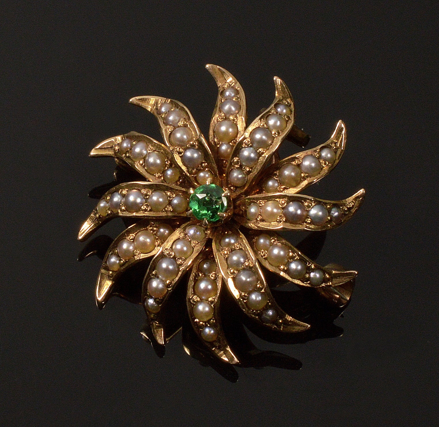 Antique Victorian 14K Gold Emerald Seed Pearls Starburst Pendant Brooch C.1890