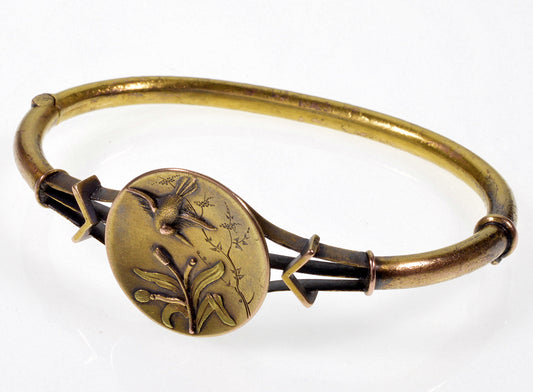 Antique Victorian 15K Gold Bird Hinged Bangle Bracelet C.1860