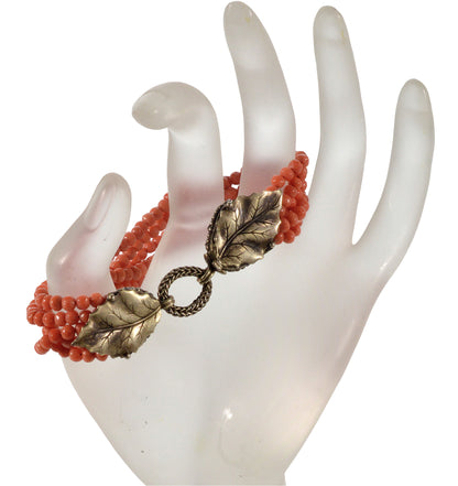 Art Deco Italian Salmon Coral Bracelet Foliage Sterling Clasp C.1920