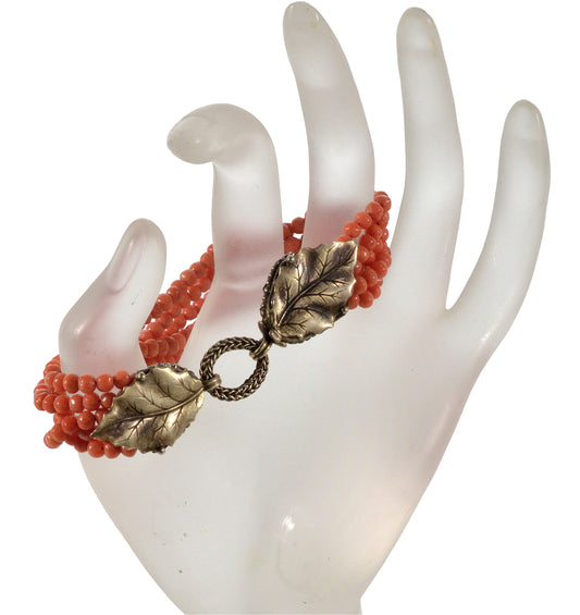 Art Deco Italian Salmon Coral Bracelet Foliage Sterling Clasp C.1920