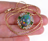 18K Gold Black Opal Diamond Green Garnet Pendant 14K Chain Necklace
