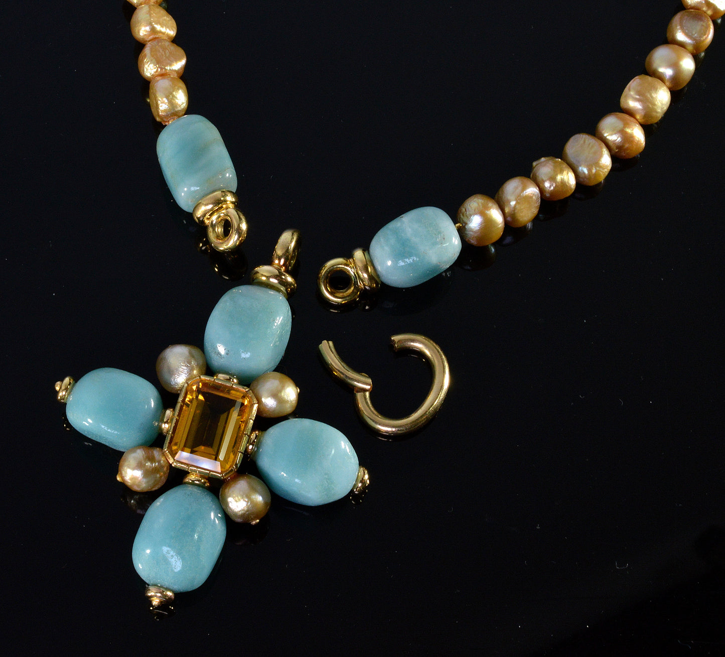 Italian 18K Gold Citrine Amazonite Pearl Cross Necklace
