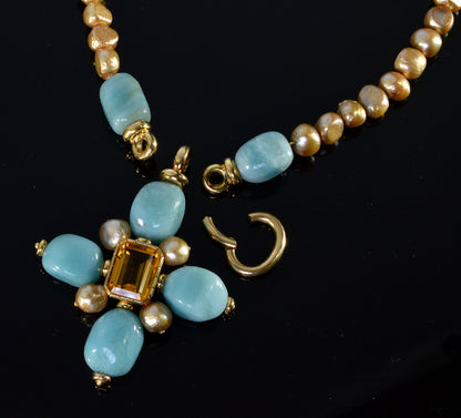 Italian 18K Gold Citrine Amazonite Pearl Cross Necklace