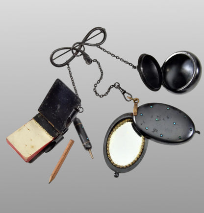 Victorian Gunmetal Chatelaine Lockets Snake Brooch Pin C.1880