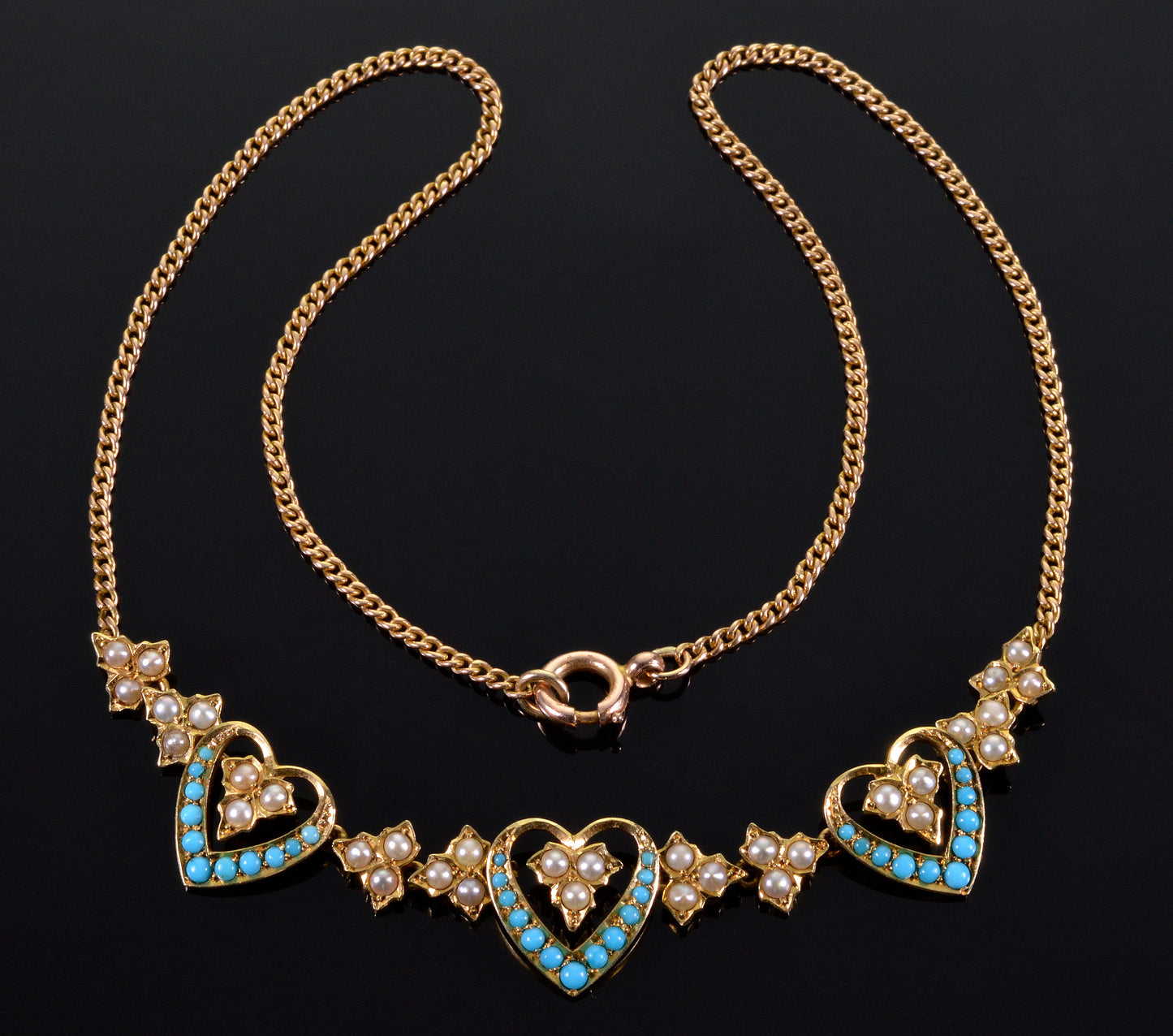 Antique Victorian Sweet Heart Necklace 14K Gold Turquoise Pearl C.1890