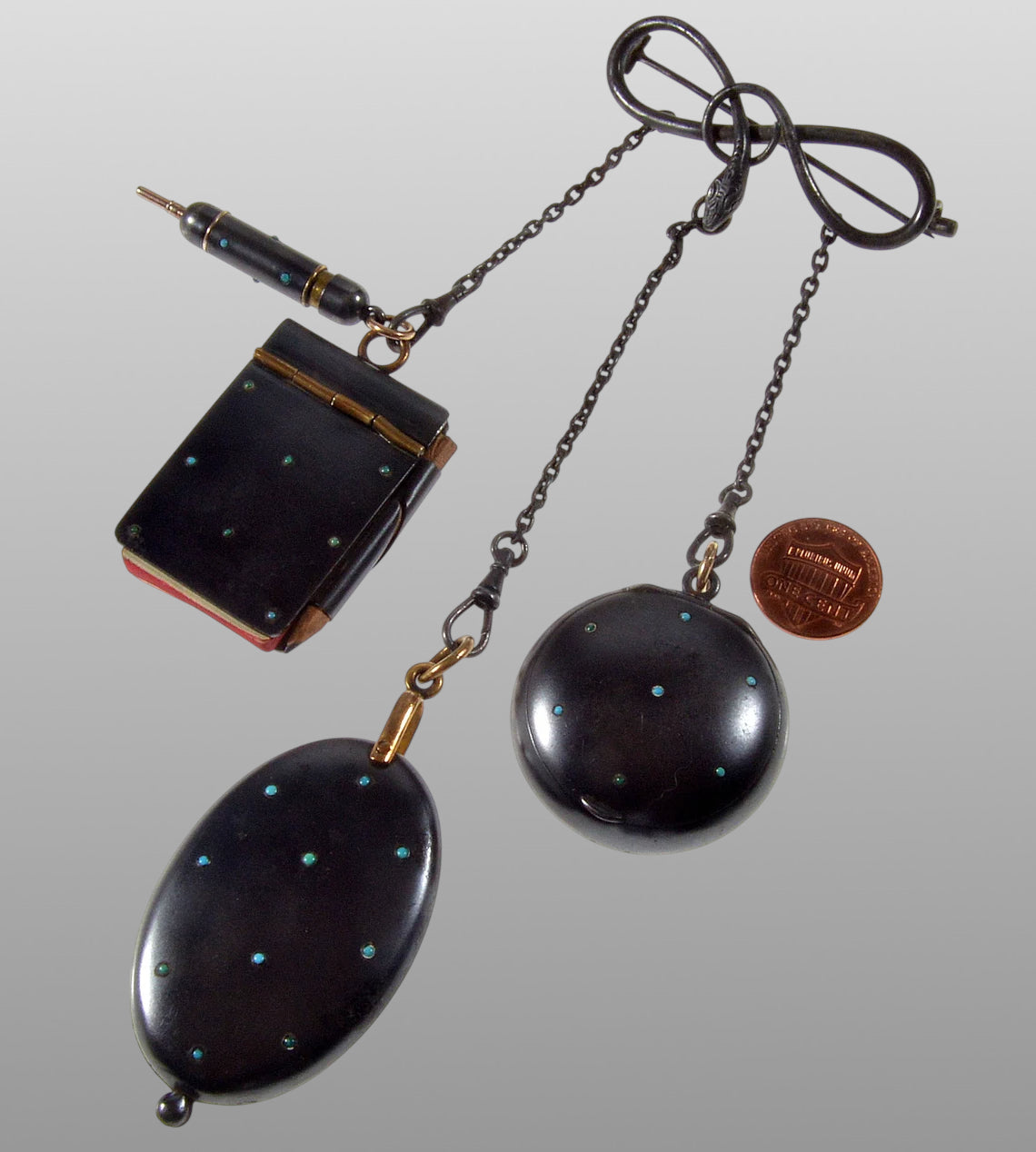 Victorian Gunmetal Chatelaine Lockets Snake Brooch Pin C.1880