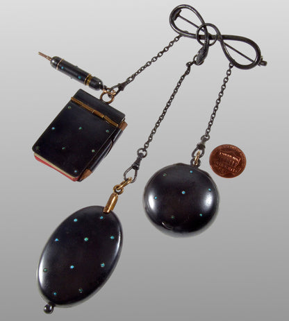Victorian Gunmetal Chatelaine Lockets Snake Brooch Pin C.1880