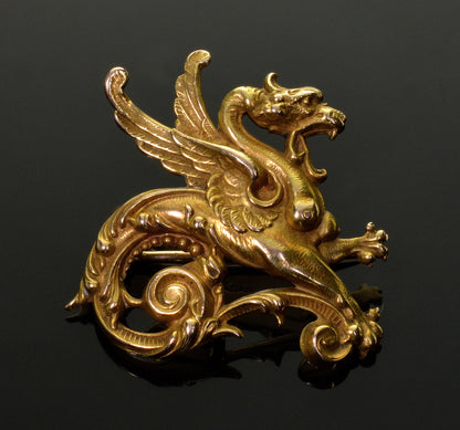 Art Nouveau Link and Angel 14K Gold Gargoyle Gryphon  Dragon Pin Brooch C.1900