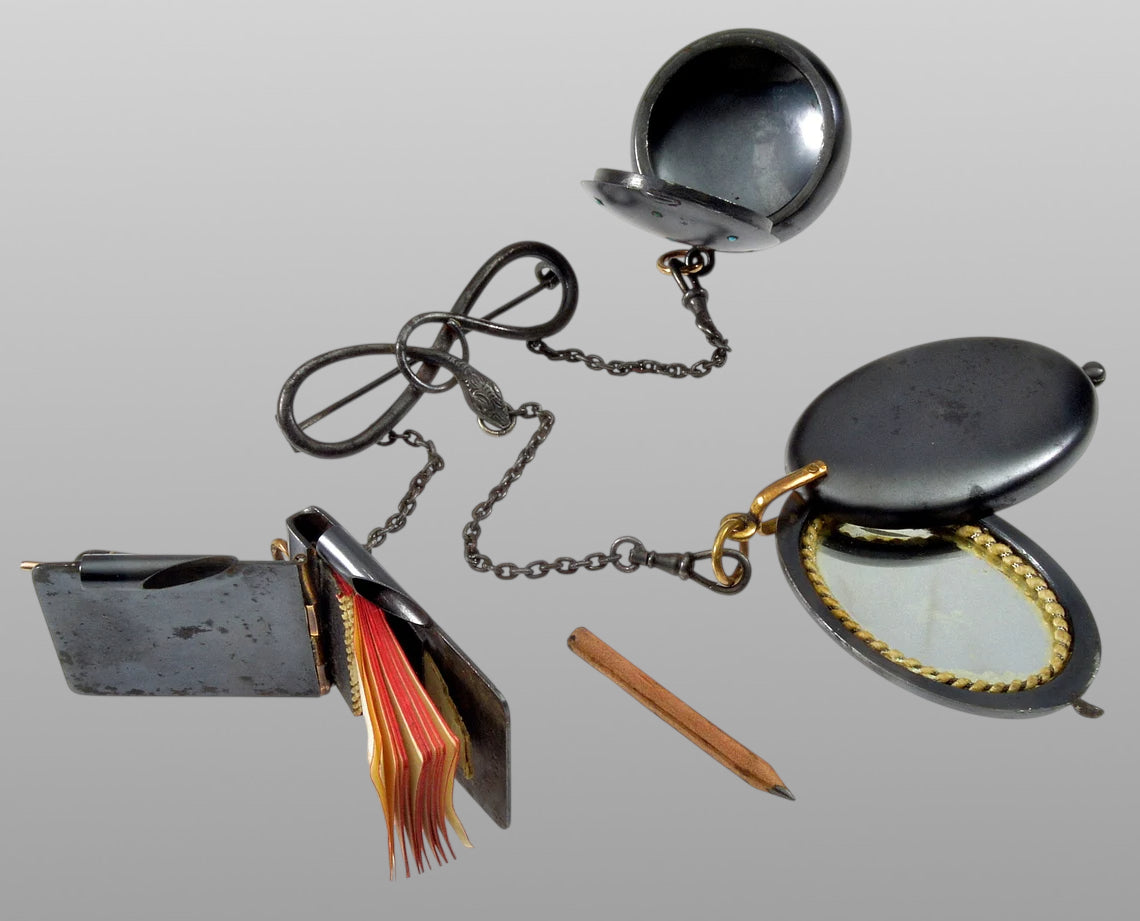 Victorian Gunmetal Chatelaine Lockets Snake Brooch Pin C.1880