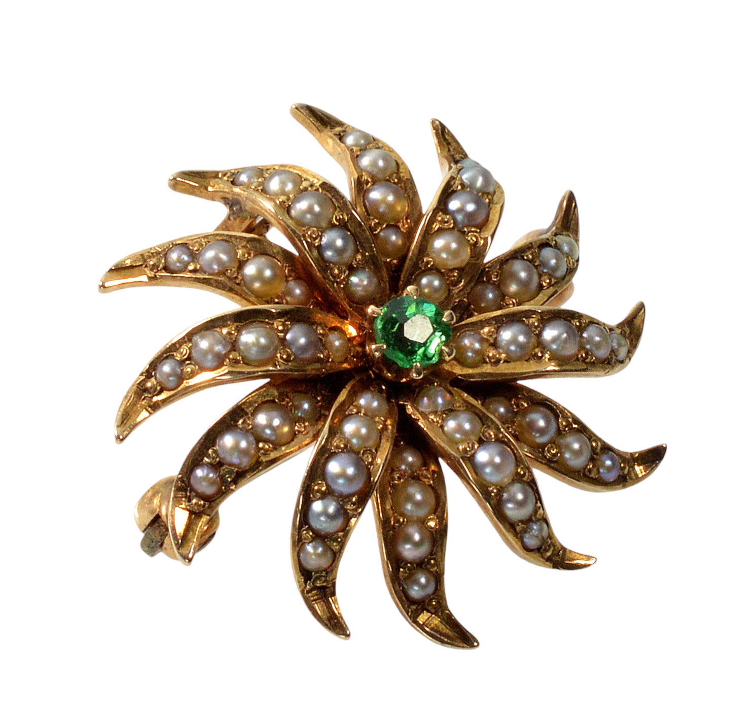 Antique Victorian 14K Gold Emerald Seed Pearls Starburst Pendant Brooch C.1890