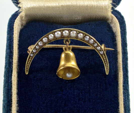 Antique Victorian 14K Gold Pearl Pin Brooch Crescent Moon Bell Chime C.1890