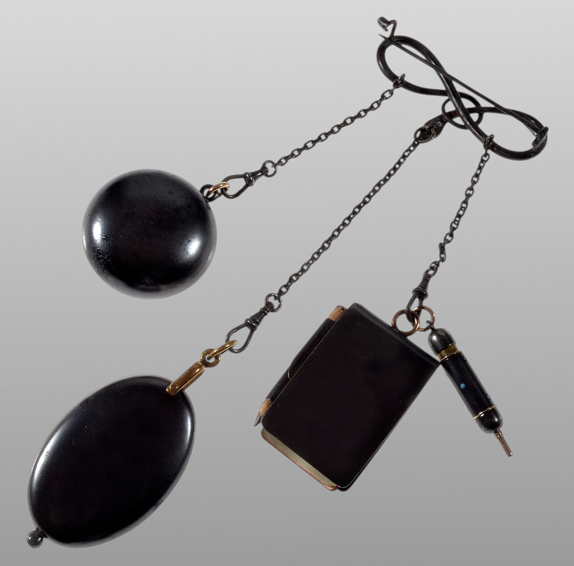 Victorian Gunmetal Chatelaine Lockets Snake Brooch Pin C.1880
