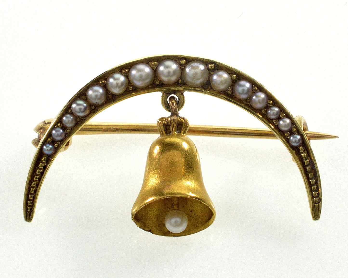 Antique Victorian 14K Gold Pearl Pin Brooch Crescent Moon Bell Chime C.1890