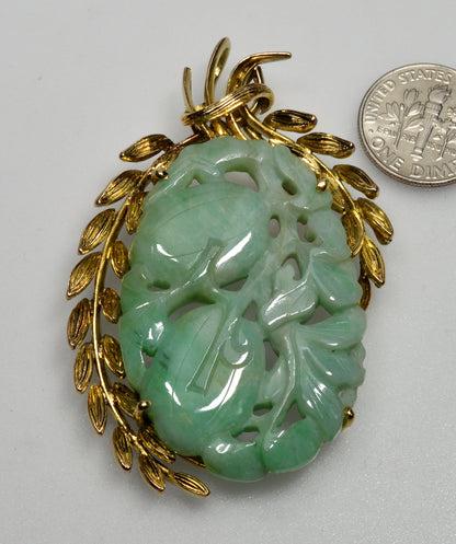 Art Deco 14K Gold Carved Jadeite Jade Large Pendant C.1920
