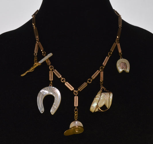 Antique Victorian Equestrian Horse Riding Necklace GF MOP Chain Fobs Pendants C.1880