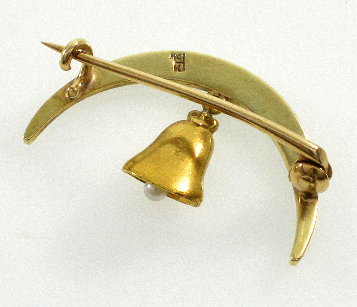 Antique Victorian 14K Gold Pearl Pin Brooch Crescent Moon Bell Chime C.1890