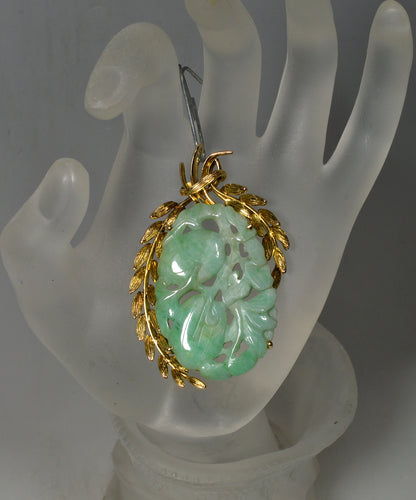 Art Deco 14K Gold Carved Jadeite Jade Large Pendant C.1920