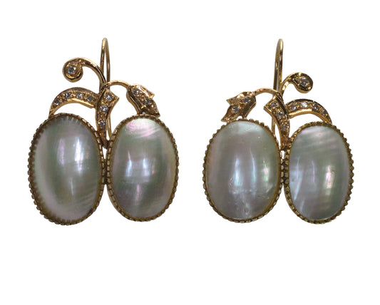 Designer Earrings 14K Gold Diamond Mabe Pearl C.1960