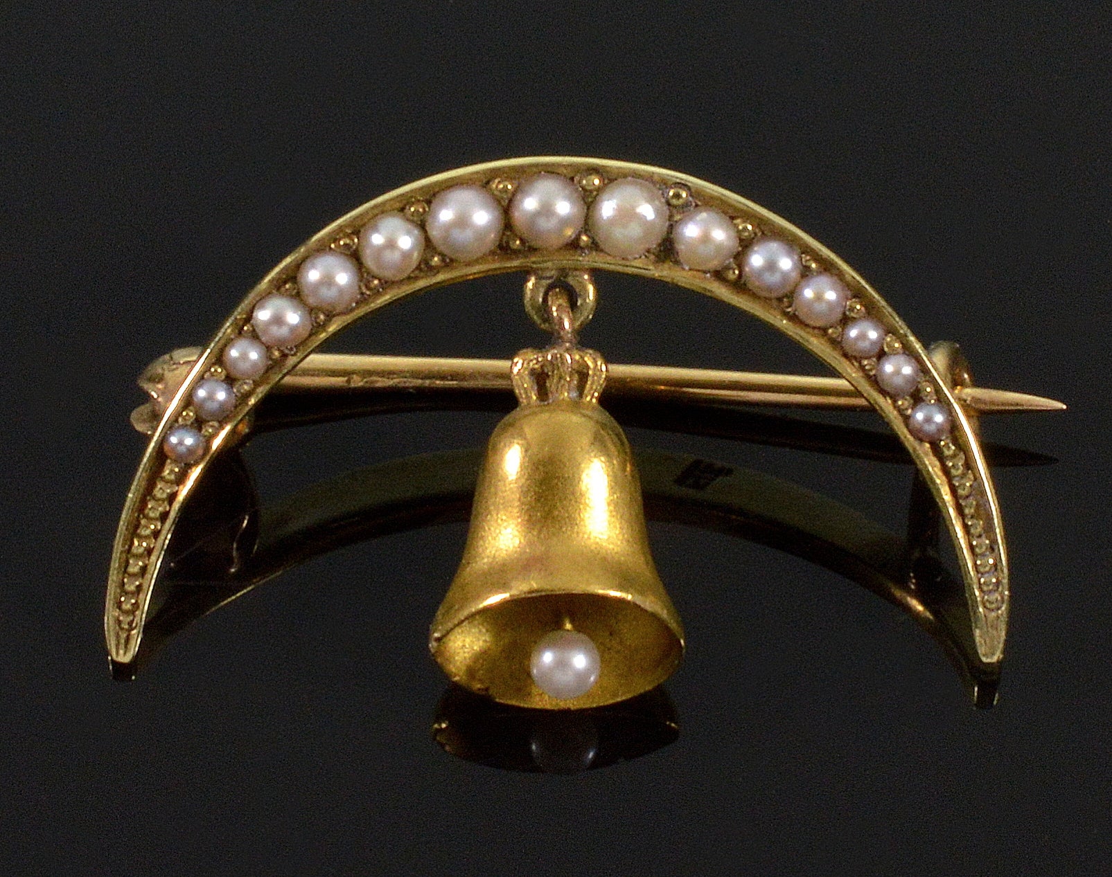 Antique Victorian 14K Gold Pearl Pin Brooch Crescent Moon Bell Chime C.1890