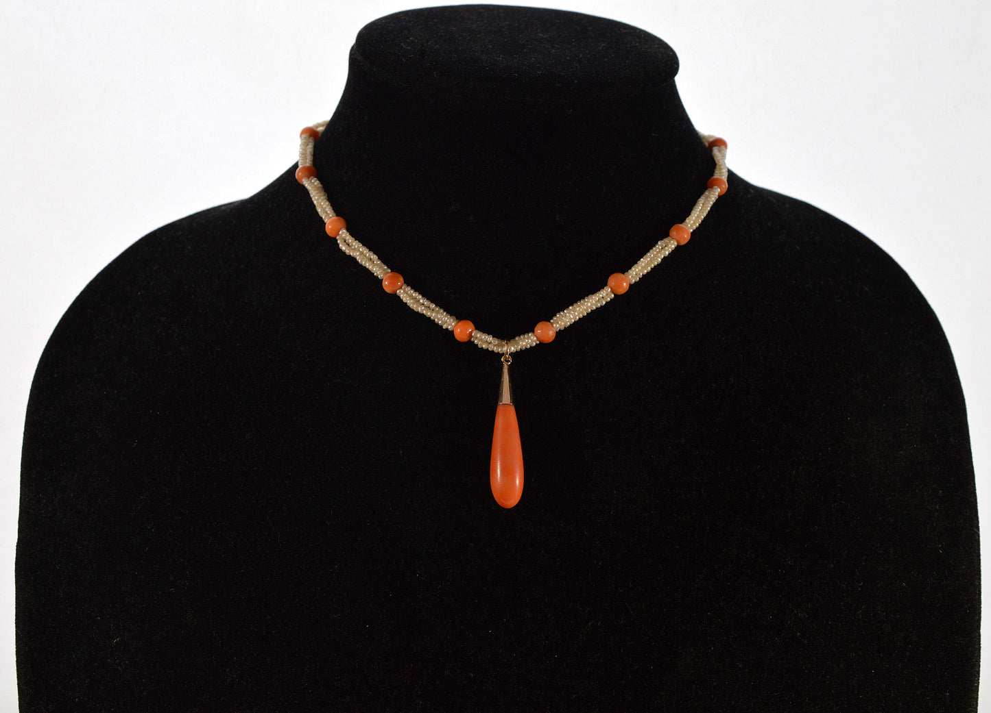 Antique Victorian Seed Pearl Coral Choker Necklace 9K Gold C.1880