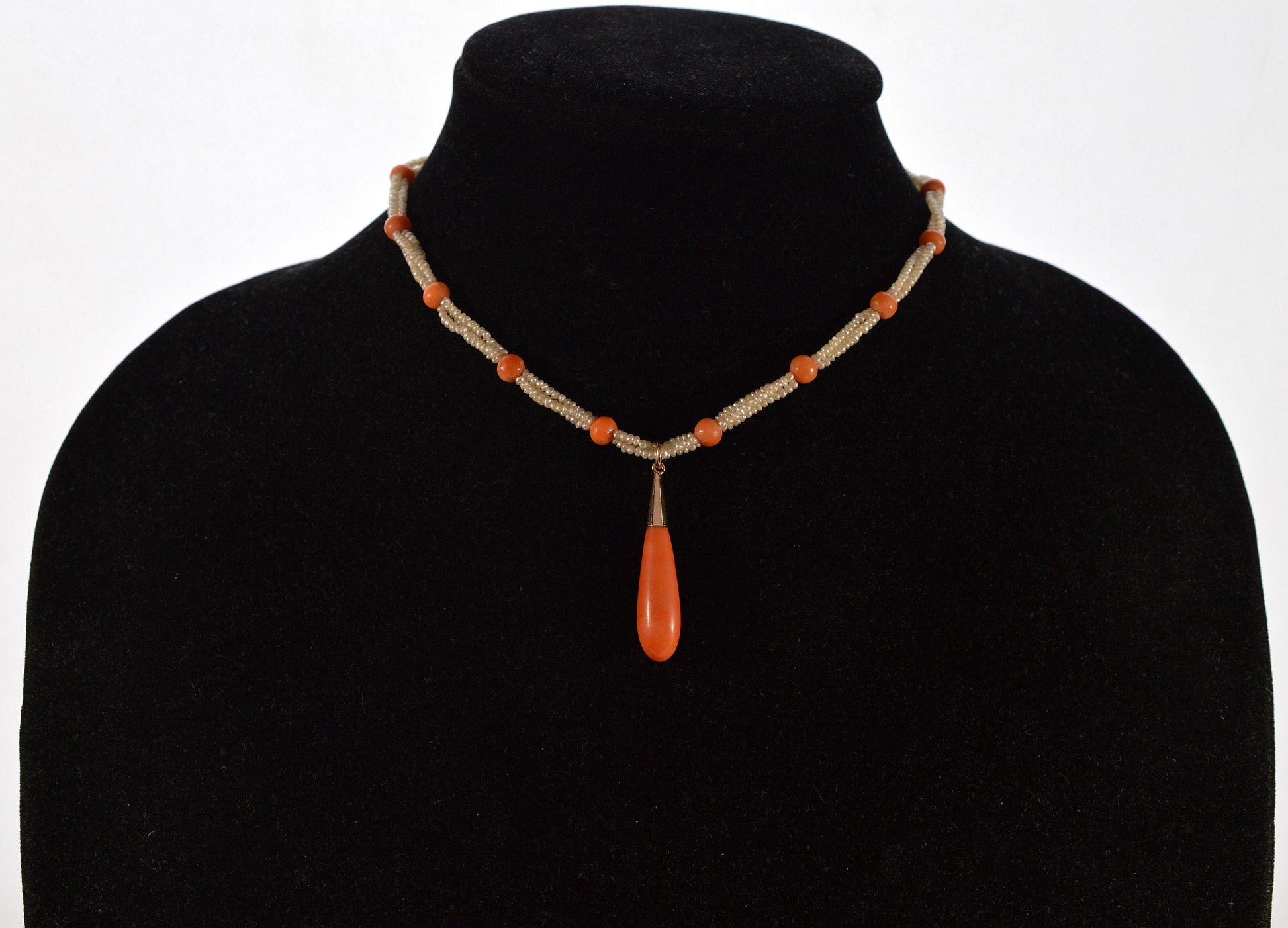 Antique Victorian Seed Pearl Coral Choker Necklace 9K Gold C.1880