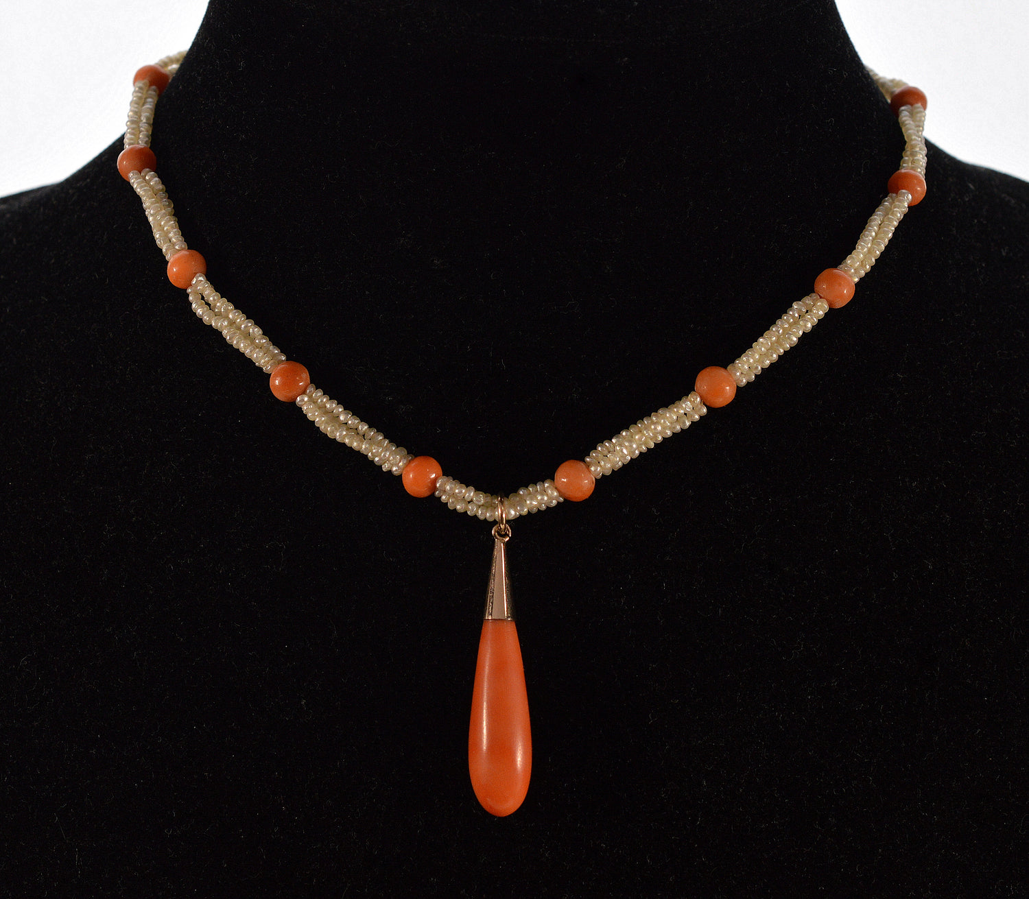 Antique Victorian Seed Pearl Coral Choker Necklace 9K Gold C.1880